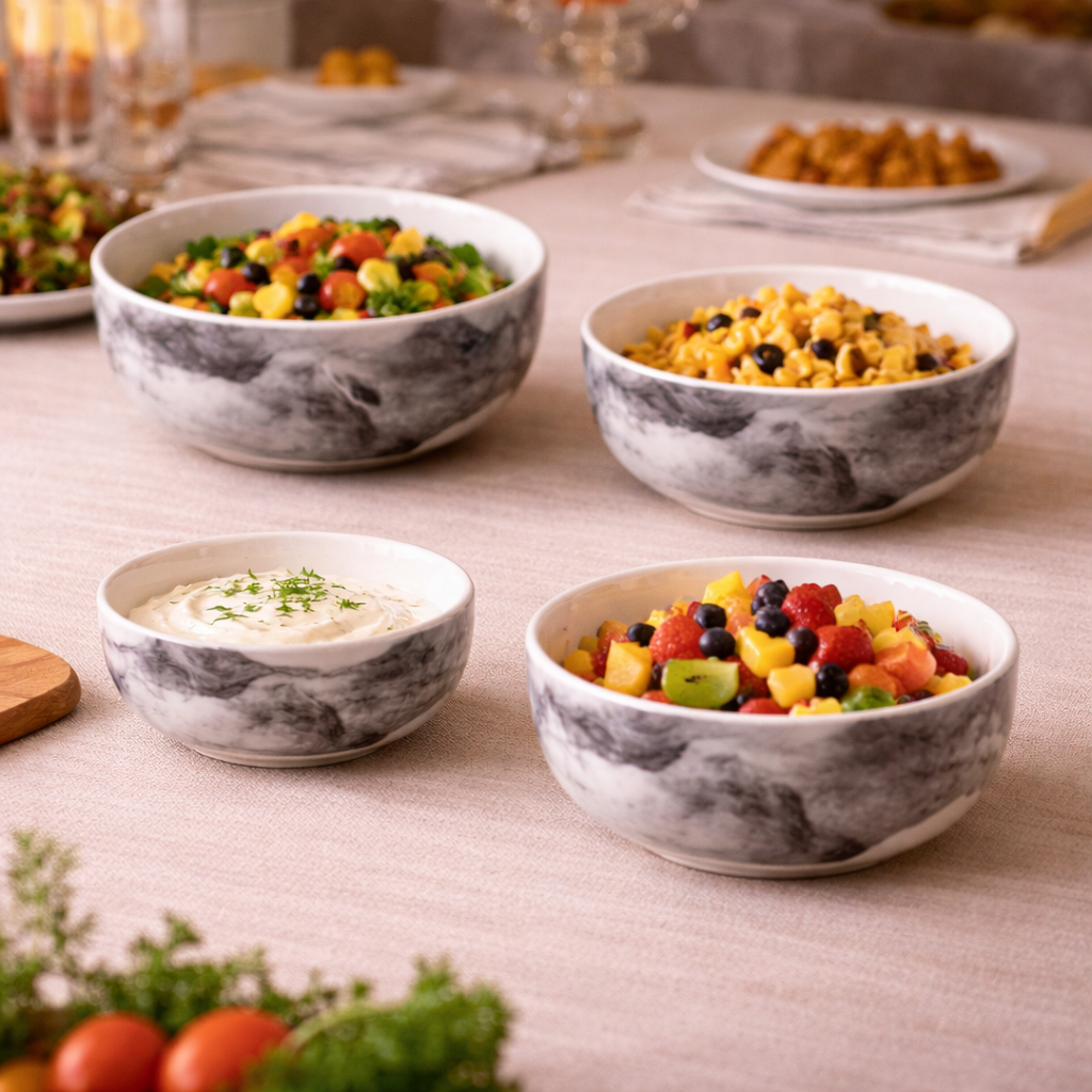 Kunhar Ceramic Mixing Bowl Set – 4 Pieces (1500ml, 800ml, 600ml, 400ml), Marble Color – Durable, Microwave & Dishwasher Safe – Ideal for Mixing, Serving & Storage - Image 4